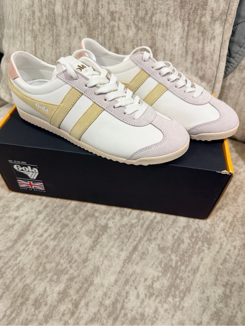 Gola Women's White Sneakers with Pale Yellow Stripes and Blush Accents